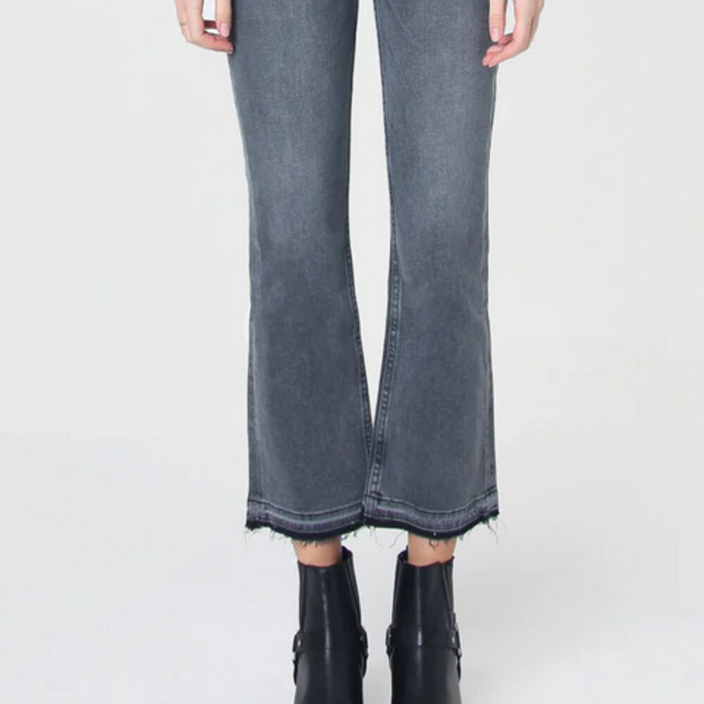 Charlie B Released Hem, Raw Edge Flared Jean, Smoke Grey, Size 10
